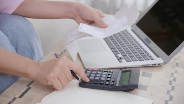 Closeup Hands Woman Calculating Finance Household Calculator Desk Home Girl — Stock Video