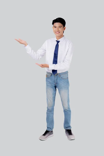 Portrait Young Asian Business Man Presenting Isolated White Background Advertising — Stock Photo, Image