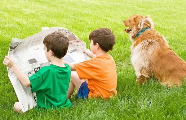 Мальчики читают газету — стоковое фото