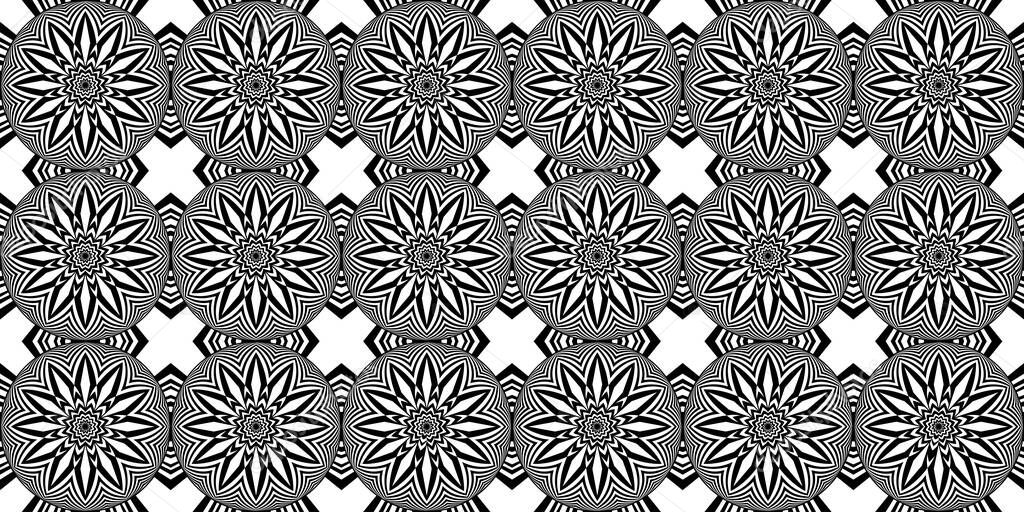 Flowers (optical expansion illusion). Visual illusions (optical illusions). Black and white design. Seamless pattern. Abstract perforated background with bulgy effect. Psychedelic Optical illusion