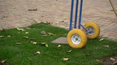 Malların elle taşınması için sarı tekerlekleri olan mavi bir arabanın görüntüsü yeşil bir çimenlikte duruyor. Park alanının kamu hizmetleriyle geliştirilmesi.