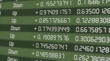 Borsa endeksleri yükseliyor ve düşüyor yeşil arka planda, hisse senedi piyasası yakın planda. Uluslararası para ticareti. Bilgisayar Canlandırması