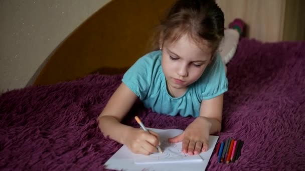 Cute Little Girl Draws Pencils Postcard Dad Father Day — Stock Video