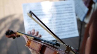 Keman çalan müzisyenlerin yakın çekimi, klasik müzik. Kadın kemancı telleri parmaklıyor keman çalıyor. 