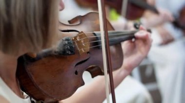 Woman violinist plays with a bow on an old vintage violin. Close-up video of a musician playing a musical instrument.