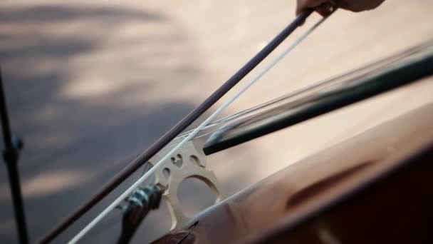 ダブルベース楽器で演奏する女の手のクローズアップ ミュージシャンのカルテット 晴れた日の屋外映像 スローモーション — ストック動画