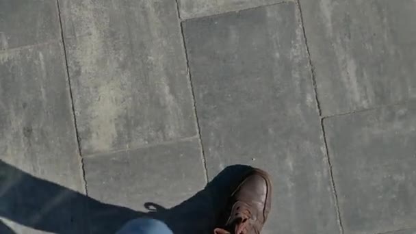 Feet Denim Ans Sneakers Walking Tile Pov Walk Stone Sidewalk — Stok video