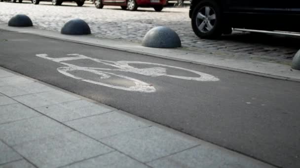 Road Markings Indicating Bike Path Close Cars Drive Roadway View — Stok video