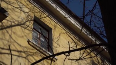 Eski bir apartmanın penceresinin manzaralı bir fotoğrafı..