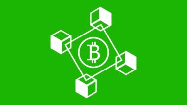 Bitcoin engelleme zinciri şifreleme dijital şifreleme, dijital para değişimi. Yeşil kromakey arkaplan üzerinde dijital para simgesi ve veri değişim şeması.