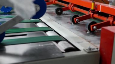 Mısır gevreği için torba üretimi için taşıma hattı. Konteynırlar, polietilen çantalar, büyük çantalar üretimi için Atılgan.