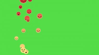 Sosyal medyada negatif emoji: Yeşil krom anahtar arkaplan üzerinde tepeden tırnağa yükselen kızgın bir emojinin canlandırılması, düzen ve hareket tasarımı için kurye kavramı
