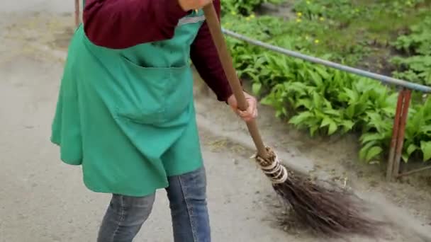 女性の清掃員は 通りの近くの歩道を掃除した 晴れた日には領土の清掃 — ストック動画