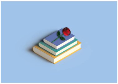 Kitap yığını ve 3 boyutlu kırmızı gül