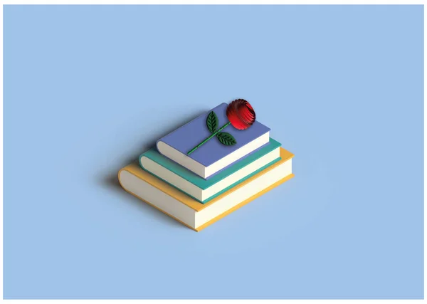Kitap yığını ve 3 boyutlu kırmızı gül