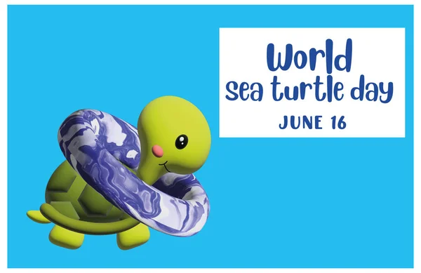 Ilustracja Zabawy Żółw Morski Błękitną Platformą Świętującą Światowy Dzień Żółwia — Zdjęcie stockowe