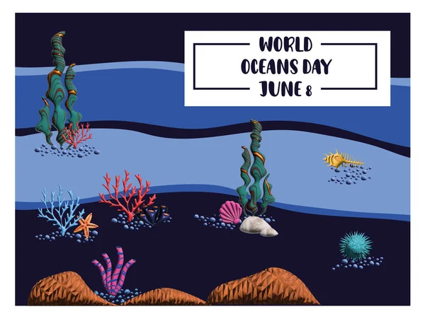 Ilustração Dia Mundial Dos Oceanos Junho Com Fundo Marinho —  Vetores de Stock