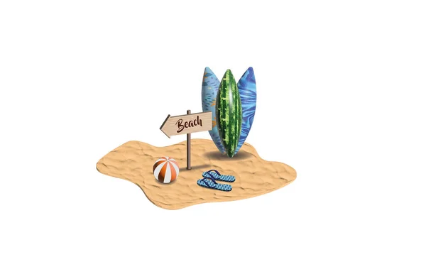 Ilustração Uma Cena Praia Com Pólo Indicador Uma Bola Pranchas — Fotografia de Stock