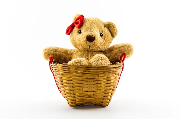 Classic teddy bear red bow in the basket. — Stock Photo, Image