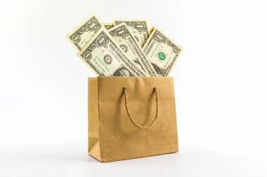 Doları banknot kahverengi kağıt torba.