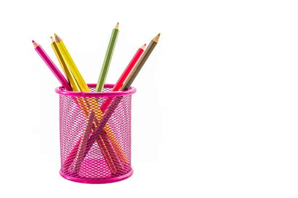 Lápis coloridos em balde rosa . — Fotografia de Stock