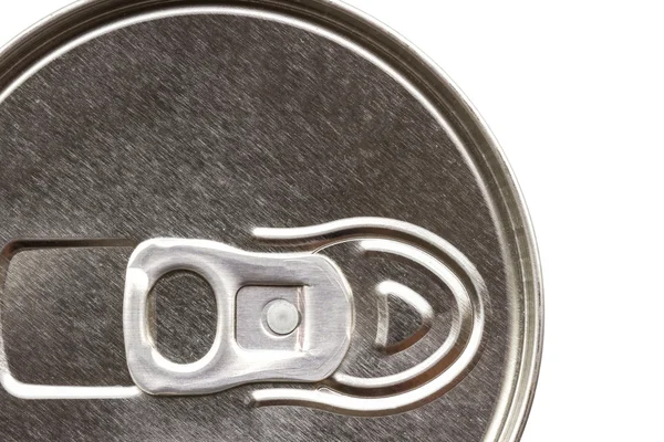 Close up of can pull tab, top view of aluminum tin can. — Stock Photo, Image