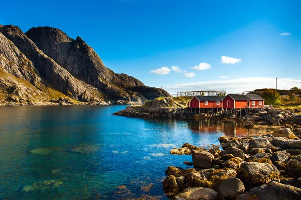 Cabanas de rorbu típicos vermelhos com telhado sod na cidade de Reine em ilhas Lofoten, na Noruega — Fotografia de Stock