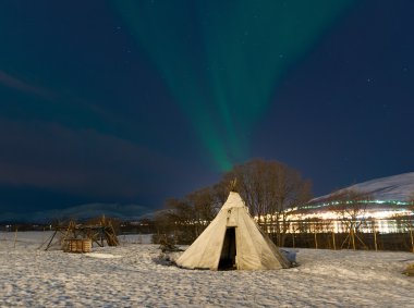 Traditional Sami reindeer-skin tents (lappish yurts) in Troms region of Norway clipart