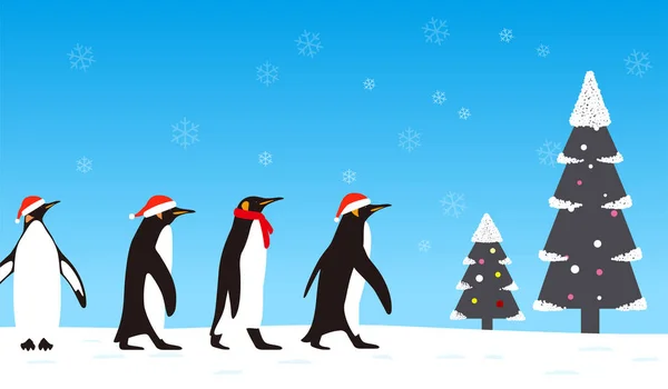 Пингвин Ходьба Рождества Шляпу Приветствие Дизайн Карты Вектор — стоковый вектор
