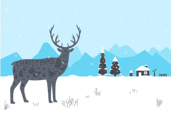 Rendieren Winter Kerst Met Sneeuw Boom Huis — Stockvector