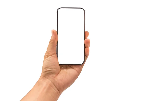 El ele tutuşan akıllı telefon, beyaz arka planda boş beyaz ekran