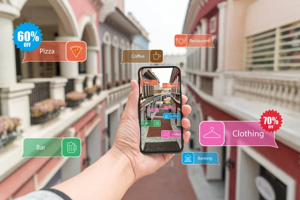 Augmented Reality Marketing Street Hand Holding Smart Phone Use Application — Stock Photo, Image