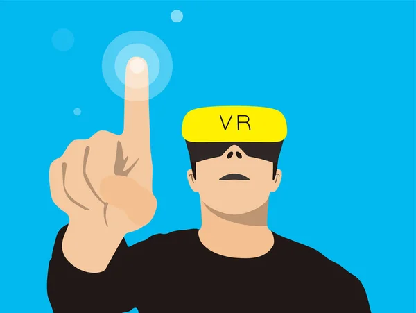 Hombre Con Gafas Realidad Virtual Manos Arriba Tocando Pantalla Haciendo — Vector de stock