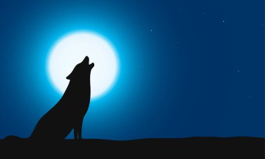 Oturma ve yere kükreyen kurt, arka plan ay.