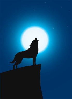 Kurt ayakta ve kükreyerek uçurumun tepesinde, Arka planda ay var
