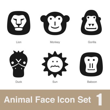 Hayvan yüzü düz tasarım simgeleri, Vektör siyah illüstrasyon