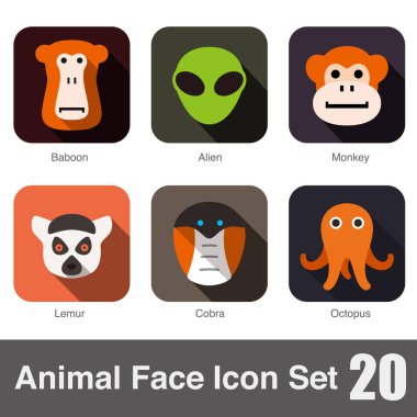 hayvan yüz düz Icons set, vektör çizim