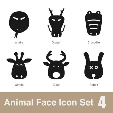 Hayvan yüzü düz tasarım simgeleri, Vektör siyah illüstrasyon