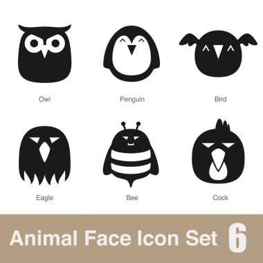 Hayvan yüzü düz tasarım simgeleri, Vektör siyah illüstrasyon