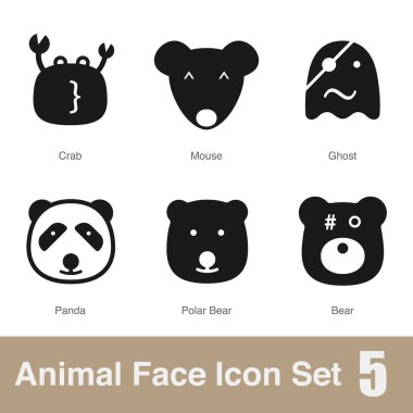 Hayvan yüzü düz tasarım simgeleri, Vektör siyah illüstrasyon