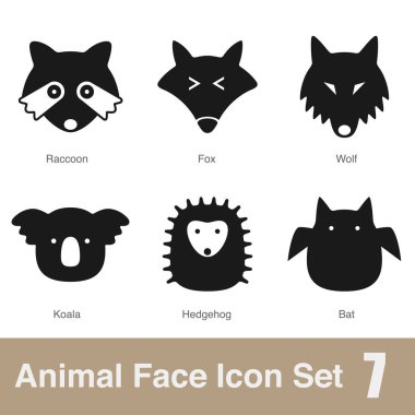 Hayvan yüzü düz tasarım simgeleri, Vektör siyah illüstrasyon