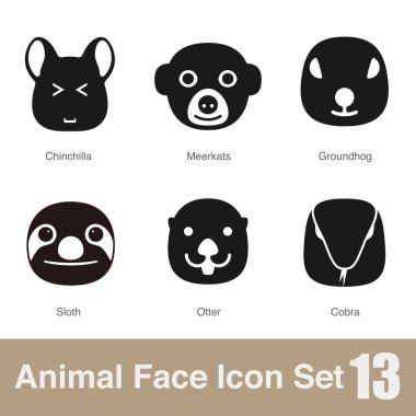 Hayvan yüzü düz tasarım simgeleri, Vektör siyah illüstrasyon