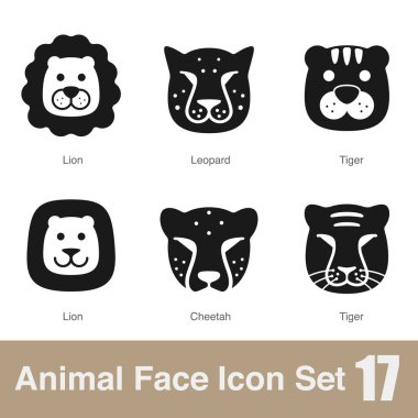 Hayvan yüzü düz tasarım simgeleri, Vektör siyah illüstrasyon