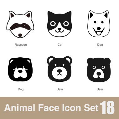 Hayvan yüzü düz tasarım simgeleri, Vektör siyah illüstrasyon