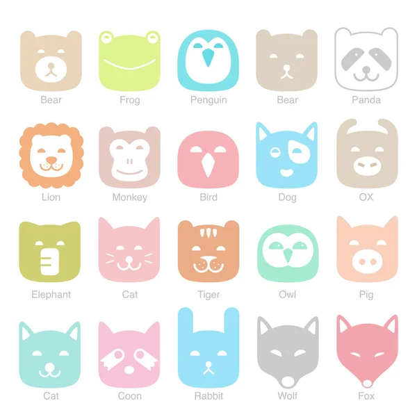 Cute Animal Face Flat Icon Set Vector Illustration — Stock Vector