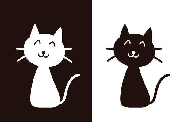 Nette Katze Sitzen Und Lächeln Vektor Schwarz Und Weiß — Stockvektor