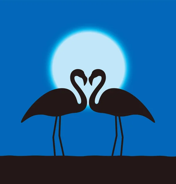 Фламинго Любовник Пара Стоя Лицом Лицу Фон Луна Серия Птиц — стоковый вектор