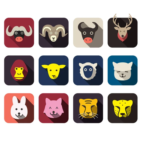 Animal Face Flat Design Icon Set — Stock Vector