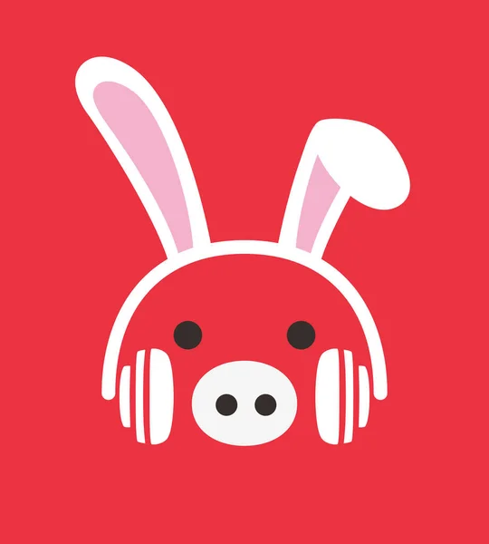 Cartoon Pig Wearing Rabbit Headset Enjoy Music Vector — стоковый вектор