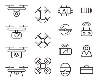 Quadcopter ve drone simgeleri, vektör illüstrasyonu